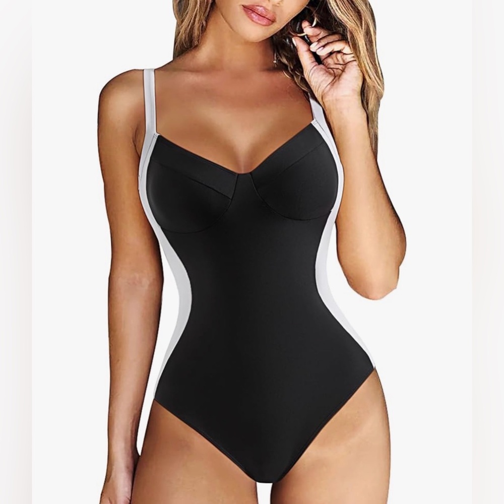 Slimming One Piece Black and White Swimsuit